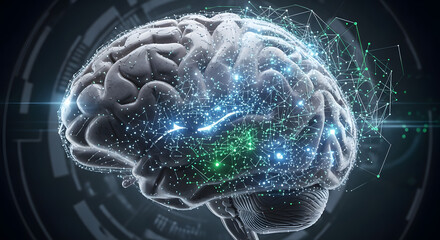 Neural Network Interface: A futuristic visualization of a human brain interconnected through an intricate network of nodes and lines symbolizing intelligence data processing and advanced cognitive