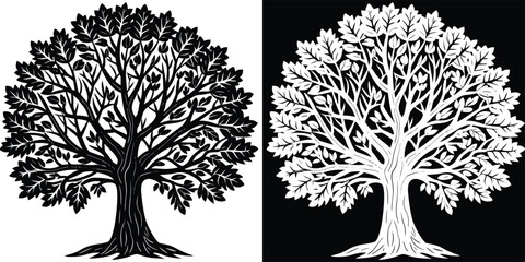 Stunning black and white stylized tree with intricate branches and leaves, symbolizing nature's resilience and growth
