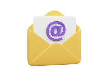 3d yellow open envelope with white paper and purple at symbol isolated on transparent background