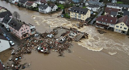 Devastating floodwaters engulf homes and infrastructure, causing widespread destruction in a vulnerable town, extreme weather event