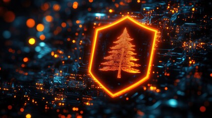 Glowing orange shield with a digital pine tree symbol floating above a complex circuitry background emitting blue and orange light