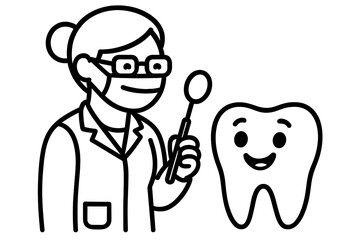 Dentist smiling while holding a dental tool in a cheerful office setting with a happy tooth character