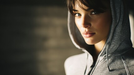 A close-up portrait of a young woman with light hair in a grey hoodie. She is looking to the side with a serious expression.