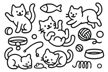 Playful cats engaging with toys and exploring their surroundings in a lively doodle illustration