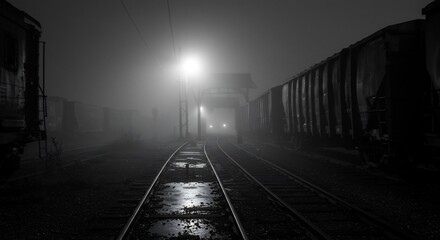A grayscale image depicts a train station with train cars tracks and overhead lighting shrouded in heavy fog