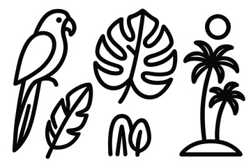 Tropical design with parrot, exotic leaves, and palm trees in a minimalistic style