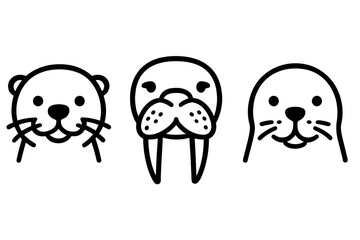Cute illustrations of sea animals including an otter, walrus, and seal on a plain background