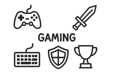 Icons representing gaming culture with a controller, sword, keyboard, shield, and trophy in a minimalist design
