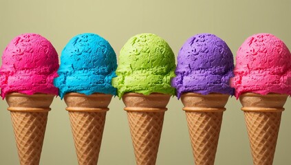 A row of five brightly colored ice cream cones.