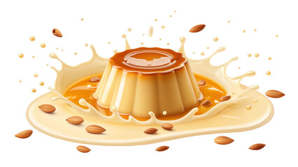 Delicious Caramel Flan Dessert Surrounded by Splashing Cream and Almonds Perfect for Sweet Tooth Indulgence and Culinary Delights on a Black Background