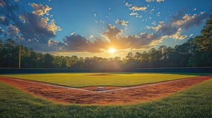 Empty baseball field at sunset with vibrant green grass, orange dirt infield, surrounded by trees under a blue sky with scattered clouds and sunlight breaking through