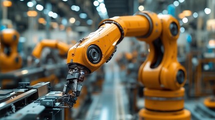 Close-up view of an orange robotic arm operating in a modern industrial factory with focused machinery and blurred background lighting