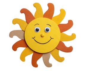 Cheerful sun cute element papercut style yellow orange smiling face playful decorative isolated whimsical design evokes happiness and warmth in fun way