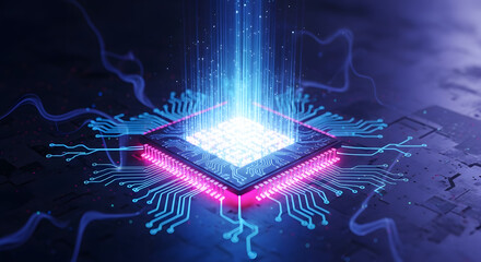 Futuristic motherboard visualization with vibrant illumination, showcasing data streams, circuit pathways, and advanced technological innovation in a conceptual electronic landscape, reflecting