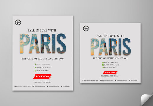 Paris Travel Package Social Media Post Set with Eiffel Tower in Text Design, Editable Design.