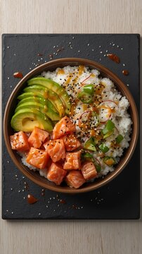 Artistic Top-Down Salmon Poke Bowl with Modern Minimalist Styling.