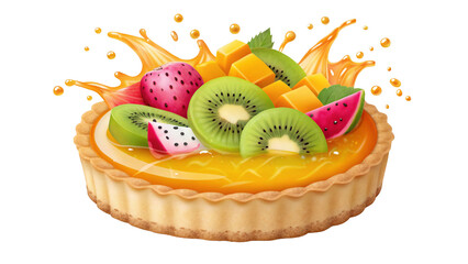 Delicious Fruit Tart with Fresh Mango Kiwi and Dragon Fruit Ready to Eat Food Photography Sweet Treat Gourmet Dessert for Restaurant or Bakery Advertising Isolated on Black Background