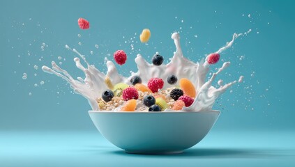 A light-blue bowl of cereal with mixed fruits and milk splashes
