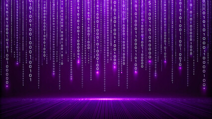 Dynamic data streams of digital code flowing on a glowing purple tech backdrop