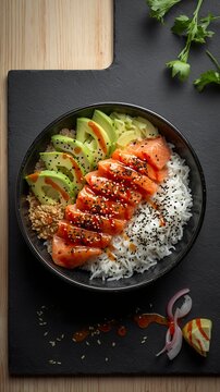 Artistic Top-Down Salmon Poke Bowl with Modern Minimalist Styling.