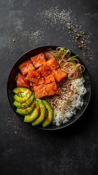 Artistic Top-Down Salmon Poke Bowl with Modern Minimalist Styling.