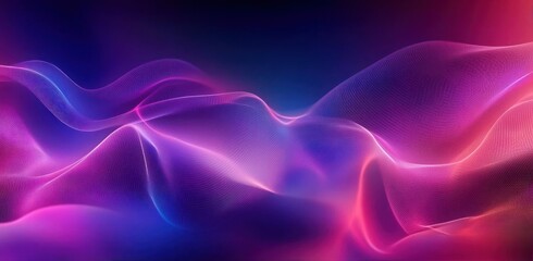 Obraz premium Abstract flowing digital wave mesh with vibrant pink, purple, and blue gradient curves on a dark background evoking a sense of fluidity and motion