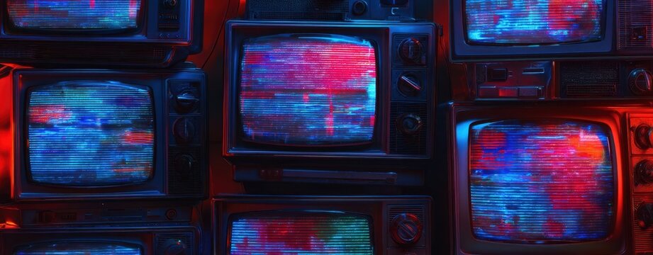 The collection of vintage televisions showcasing vibrant glitch art designs.