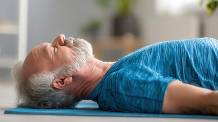 Relaxed senior man practicing yoga on mat, focusing on mindfulness and well being. serene environment enhances calming atmosphere, promoting peace and tranquility