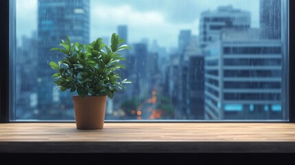 Fototapeta premium Green potted plant on wooden table by window with rainy cityscape view and blurred buildings in background