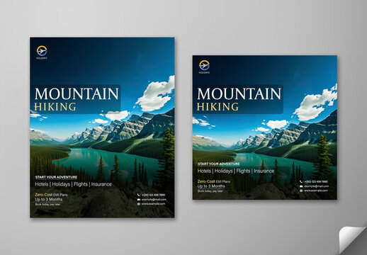Mountain Hiking Travel Promotion Social Media Post Set with Scenic Lake and Mountain View, Editable Design.
