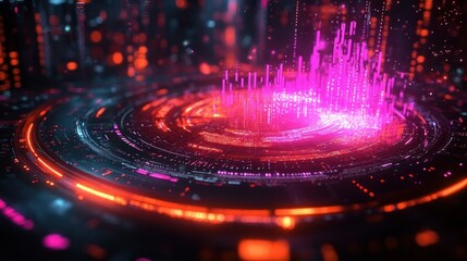Futuristic digital landscape with glowing circular patterns and vertical light bars in vibrant pink and orange hues creating an immersive technological atmosphere