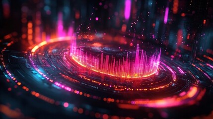 vibrant neon digital cityscape with glowing circular waveform structures in pink, orange, and blue hues creating a futuristic and energetic atmosphere