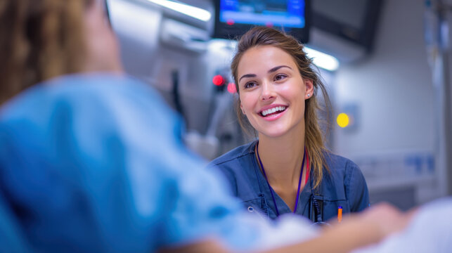 Healthcare professional smiles warmly while interacting with patient in hospital setting, showcasing compassion and care. environment is well lit, emphasizing supportive atmosphere of medical care