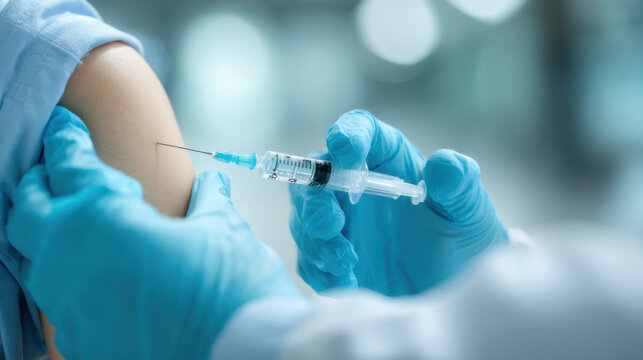 Vaccination process with syringe and needle, healthcare professional administering injection to patient arm. scene conveys sense of care and medical attention in clinical environment - Powered by Adobe
