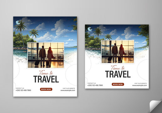 Travel Promotion Social Media Post Set with Airport Couple Photo and Tropical Beach Background, Editable Design.