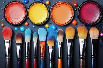 Close-up of various artist paintbrushes with colorful paint pots and scattered paint droplets on a dark surface, evoking creativity and artistic expression