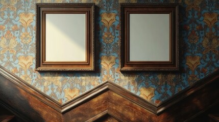 Two empty ornate wooden picture frames hanging on patterned vintage floral wallpaper above dark wooden staircase paneling