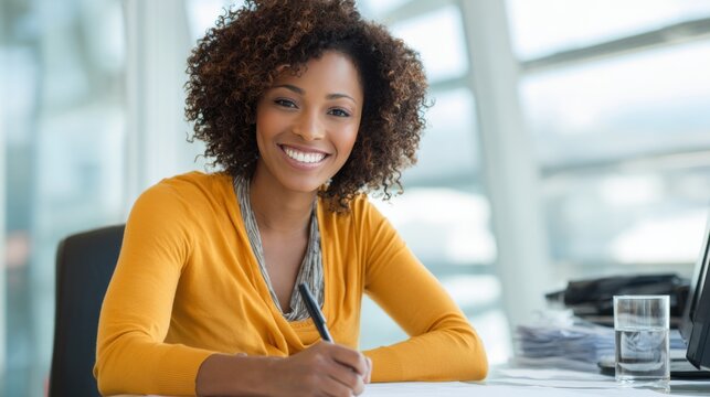 A happy woman working in an office, symbolizing a balanced and fulfilling professional life. The image represents concepts of growth and personal satisfaction.