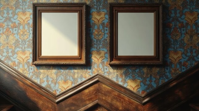 Two empty ornate wooden picture frames hanging on patterned vintage floral wallpaper above dark wooden staircase paneling