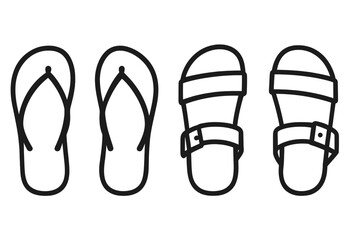 Different styles of summer footwear including flip flops and sandals displayed in a simple illustration