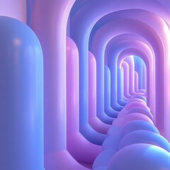 Naklejka premium Endless tunnel of smooth, rounded arches illuminated with soft pink and blue hues creating a futuristic and calming atmosphere