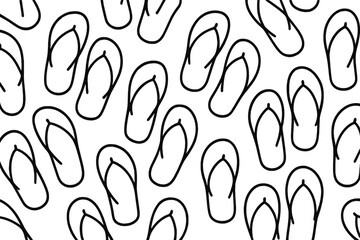 Bold black line art of flip flops scattered on a white background illustrating summer vibes and beach culture