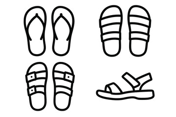 Different styles of footwear are displayed in a simple illustration featuring casual sandals and flip-flops perfect for summer wear