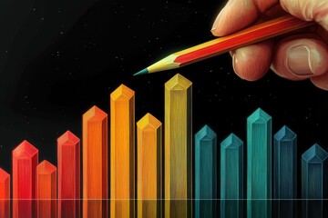 Hand holding a pencil drawing or pointing at colorful 3D bar chart with gradient colors from red and orange to blue and teal on a black background