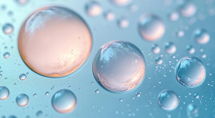 Obraz premium Close-up of translucent liquid droplets in varying sizes floating on a smooth surface with soft blue and peach tones creating a serene and gentle effect
