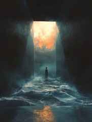 Obraz premium Silhouette of a person standing at the edge of turbulent water inside a dark narrow passage with bright fiery sky visible through the opening