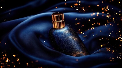 Elegant dark blue bottle with sparkling gold flecks lying on rich blue silk fabric with glowing golden particles in the background
