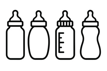 Different types of baby bottles displayed in simple line art on a plain background