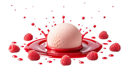 Delicious Raspberry Ice Cream Scoop with Red Splash and Fresh Berries Floating Against a Dark Backdrop Indulging in Sweet Summertime Treats