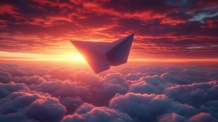 A large paper airplane soaring above dense clouds during a dramatic sunset with vibrant orange and purple hues, evoking a sense of freedom and adventure
